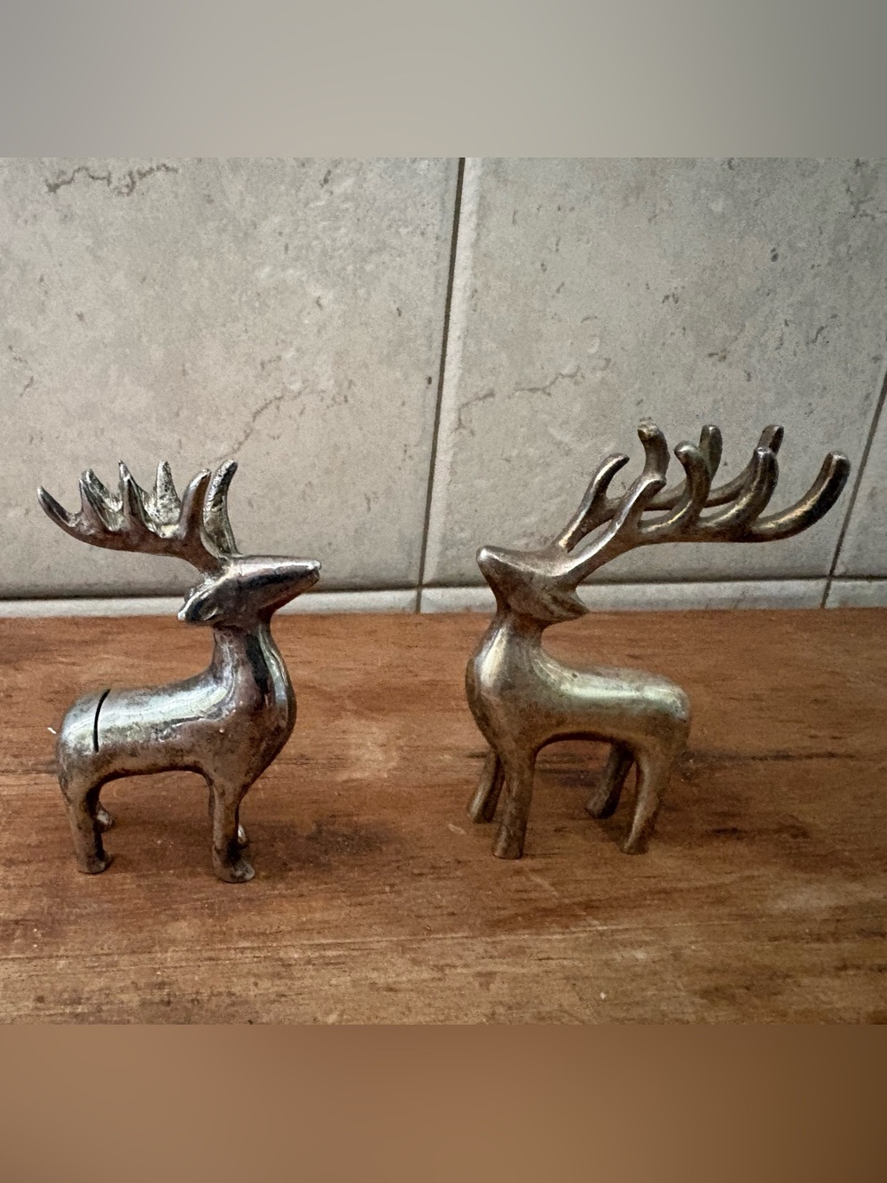 2 Vintage Solid Metal Silver Tone Brass Deer Set MCM Decor Nice Figurines Heavy
